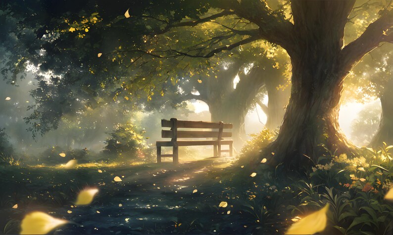 May include: A tranquil landscape painting of a park scene. A wooden bench is positioned under a large tree with sunlight filtering through the leaves. Yellow leaves drift in the air, and the path is lit by the sun.