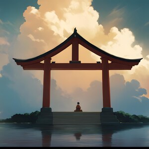 May include: A tranquil digital artwork showing a red torii gate reflected in water, with a figure in orange attire seated on steps. The sky features clouds in blue, orange, and white hues.