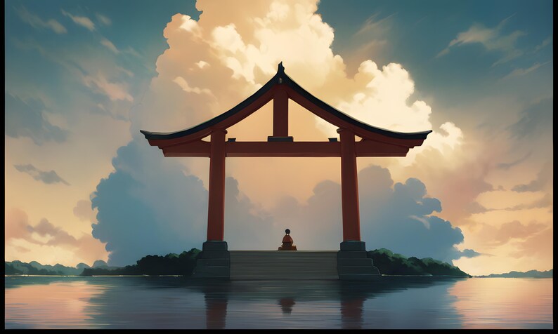 May include: A tranquil digital artwork showing a red torii gate reflected in water, with a figure in orange attire seated on steps. The sky features clouds in blue, orange, and white hues.