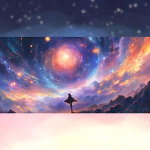 Peut inclure: Impression d'art num&eacute;rique repr&eacute;sentant une sc&egrave;ne cosmique vibrante. Une silhouette se dresse devant une galaxie tourbillonnante aux teintes orange, bleues et violettes. L'&oelig;uvre &eacute;voque l'&eacute;merveillement et l'exploration.