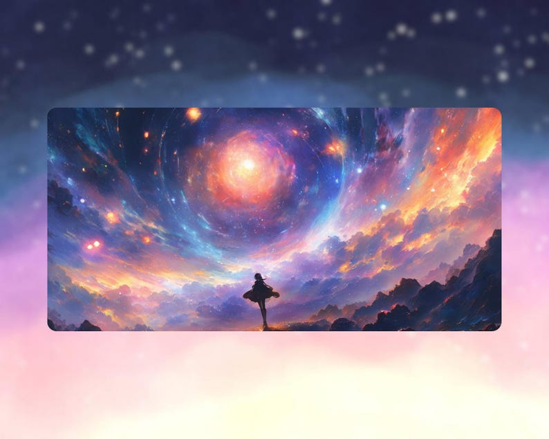 Peut inclure: Impression d'art num&eacute;rique repr&eacute;sentant une sc&egrave;ne cosmique vibrante. Une silhouette se dresse devant une galaxie tourbillonnante aux teintes orange, bleues et violettes. L'&oelig;uvre &eacute;voque l'&eacute;merveillement et l'exploration.