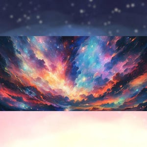 Peut inclure: Un tapis de souris rectangulaire avec une repr&eacute;sentation vibrante et color&eacute;e d'une n&eacute;buleuse. L'&oelig;uvre d'art pr&eacute;sente des nuages tourbillonnants aux teintes orange, bleu et violet, avec des &eacute;toiles dispers&eacute;es.