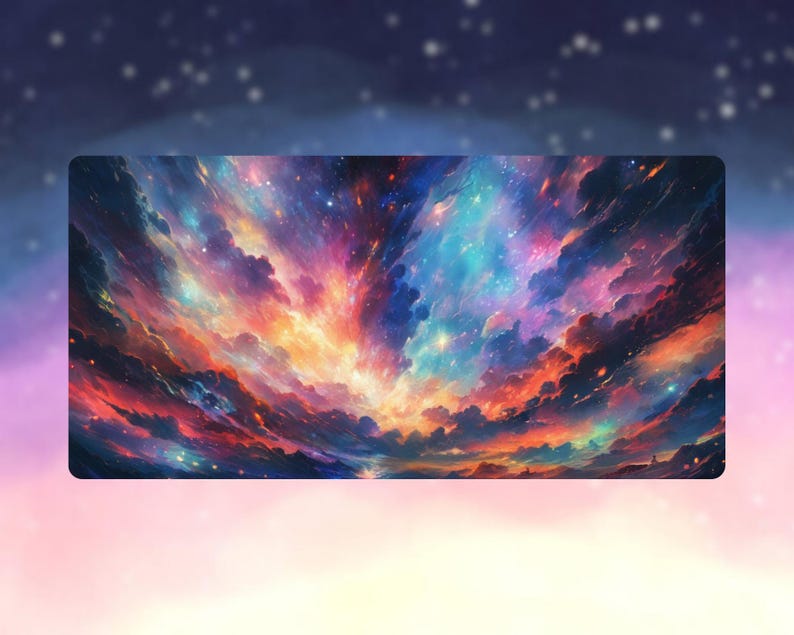 Peut inclure: Un tapis de souris rectangulaire avec une repr&eacute;sentation vibrante et color&eacute;e d'une n&eacute;buleuse. L'&oelig;uvre d'art pr&eacute;sente des nuages tourbillonnants aux teintes orange, bleu et violet, avec des &eacute;toiles dispers&eacute;es.