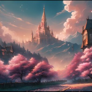 May include: A digital painting of a fantasy landscape featuring a castle on a mountain, surrounded by pink cherry blossom trees. The sky is filled with clouds and a soft, warm light.