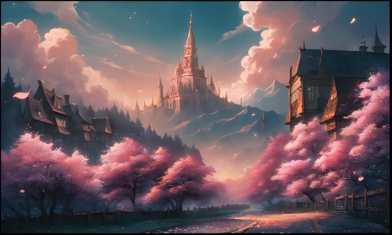 May include: A digital painting of a fantasy landscape featuring a castle on a mountain, surrounded by pink cherry blossom trees. The sky is filled with clouds and a soft, warm light.