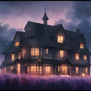 May include: A detailed illustration of a large house with lit windows, set against a twilight sky. The house is dark, with a complex roofline. Purple flowers are in the foreground. The scene evokes a sense of mystery and fantasy.