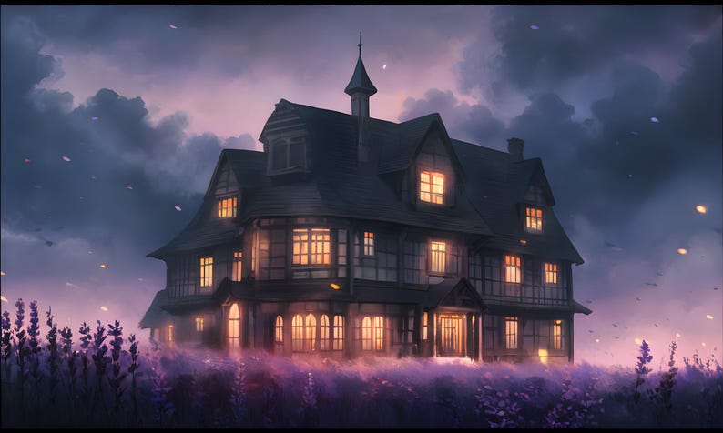 May include: A detailed illustration of a large house with lit windows, set against a twilight sky. The house is dark, with a complex roofline. Purple flowers are in the foreground. The scene evokes a sense of mystery and fantasy.