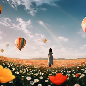 May include: A scenic view of hot air balloons in a blue sky with a rainbow. A person stands in a field of wildflowers, with red, white, and yellow blooms. The image creates a feeling of freedom and happiness.