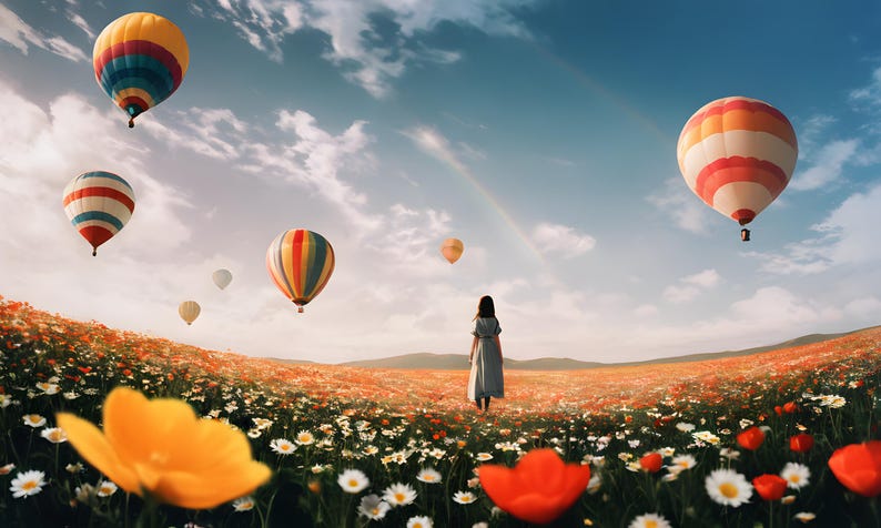 May include: A scenic view of hot air balloons in a blue sky with a rainbow. A person stands in a field of wildflowers, with red, white, and yellow blooms. The image creates a feeling of freedom and happiness.