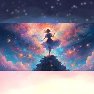 Peut inclure: Impression num&eacute;rique d'une femme debout sur une colline, sur fond de ciel vibrant et color&eacute; rempli d'&eacute;toiles et de nuages. L'&oelig;uvre utilise une palette de bleus, de roses et d'oranges, cr&eacute;ant une sc&egrave;ne c&eacute;leste et onirique.
