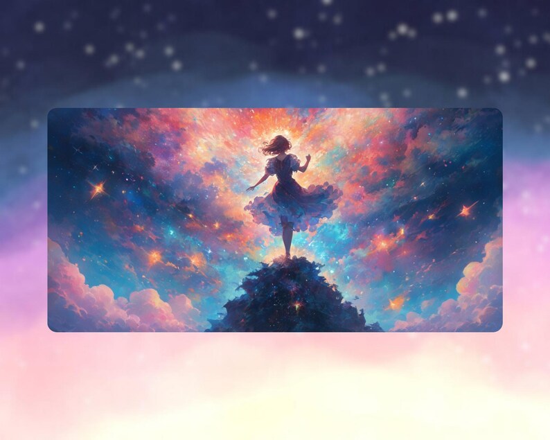 Peut inclure: Impression num&eacute;rique d'une femme debout sur une colline, sur fond de ciel vibrant et color&eacute; rempli d'&eacute;toiles et de nuages. L'&oelig;uvre utilise une palette de bleus, de roses et d'oranges, cr&eacute;ant une sc&egrave;ne c&eacute;leste et onirique.