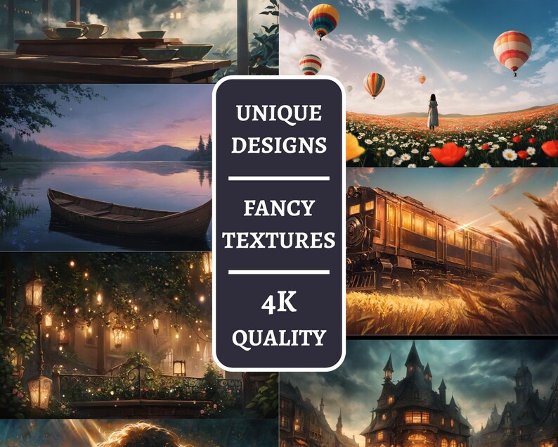 May include: A collection of digital art scenes. The scenes include a lake with a boat, a field with hot air balloons, a train, a garden with lights, and a cityscape. The text "UNIQUE DESIGNS, FANCY TEXTURES, 4K QUALITY" is displayed.