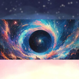 Peut inclure: Une impression d'art rectangulaire repr&eacute;sentant une sc&egrave;ne cosmique. L'image montre un vortex sombre central entour&eacute; de tourbillons bleus, oranges et roses, avec des &eacute;toiles dispers&eacute;es. Le fond pr&eacute;sente un d&eacute;grad&eacute; de violet et de rose.