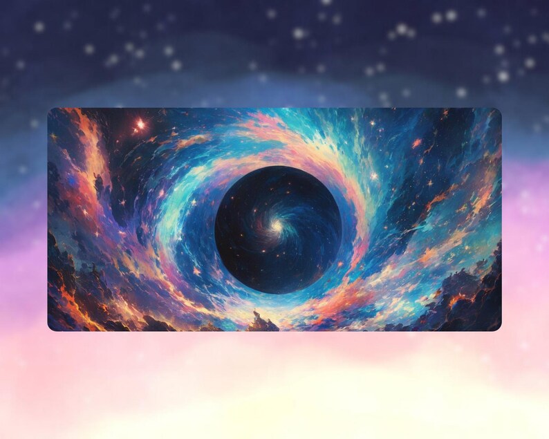 Peut inclure: Une impression d'art rectangulaire repr&eacute;sentant une sc&egrave;ne cosmique. L'image montre un vortex sombre central entour&eacute; de tourbillons bleus, oranges et roses, avec des &eacute;toiles dispers&eacute;es. Le fond pr&eacute;sente un d&eacute;grad&eacute; de violet et de rose.