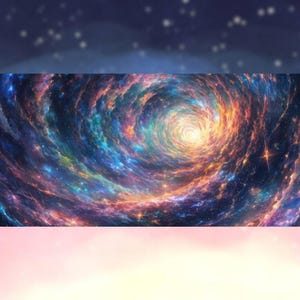 Peut inclure: Impression rectangulaire repr&eacute;sentant une galaxie vibrante. L'&oelig;uvre d'art pr&eacute;sente un vortex tourbillonnant de bleus, d'oranges et de violets, avec des &eacute;toiles brillantes dispers&eacute;es. L'arri&egrave;re-plan passe d'un ciel &eacute;toil&eacute; &agrave; un d&eacute;grad&eacute; rose et violet doux.