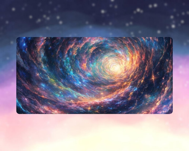 Peut inclure: Impression rectangulaire repr&eacute;sentant une galaxie vibrante. L'&oelig;uvre d'art pr&eacute;sente un vortex tourbillonnant de bleus, d'oranges et de violets, avec des &eacute;toiles brillantes dispers&eacute;es. L'arri&egrave;re-plan passe d'un ciel &eacute;toil&eacute; &agrave; un d&eacute;grad&eacute; rose et violet doux.