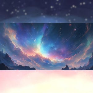 Peut inclure: Une impression d'art num&eacute;rique repr&eacute;sentant une n&eacute;buleuse. L'&oelig;uvre pr&eacute;sente une sc&egrave;ne cosmique color&eacute;e avec des nuages tourbillonnants de teintes bleues, violettes, roses et oranges, avec une toile de fond d'&eacute;toiles et de silhouettes de montagnes lointaines.