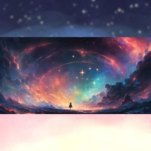 Peut inclure: Une impression d'art rectangulaire repr&eacute;sentant une sc&egrave;ne cosmique vibrante. L'&oelig;uvre pr&eacute;sente une silhouette humaine devant des n&eacute;buleuses tourbillonnantes dans des tons de rouge, orange, bleu et violet, avec des &eacute;toiles et des arcs c&eacute;lestes.