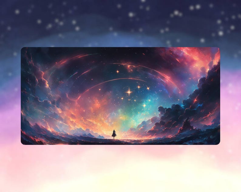 Peut inclure: Une impression d'art rectangulaire repr&eacute;sentant une sc&egrave;ne cosmique vibrante. L'&oelig;uvre pr&eacute;sente une silhouette humaine devant des n&eacute;buleuses tourbillonnantes dans des tons de rouge, orange, bleu et violet, avec des &eacute;toiles et des arcs c&eacute;lestes.