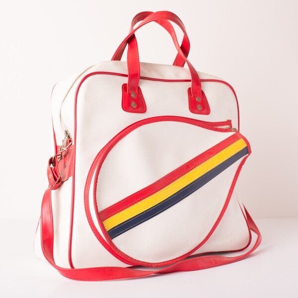 Vintage Large Rainbow Stripe Tennis Sports Bag w/Red Accents