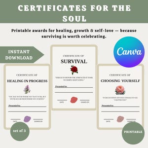Certificados imprimibles de sanación por amor propio / Premios de crecimiento, resiliencia y recuperación / PDF tamaño carta (A4) / Herramienta de terapia digital y bienestar mental