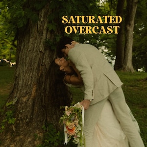 Pode incluir: Um casal se abraça sob uma árvore, a mulher segurando um buquê de flores. A imagem é saturada e tem uma sensação nublada.