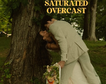 May include: A couple embraces under a tree, the woman holding a bouquet of flowers. The image is saturated and has an overcast feel.
