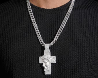 2.5&quot; Tall Baguette Cut VVS Diamond Moissanite Cross Jesus Pendant