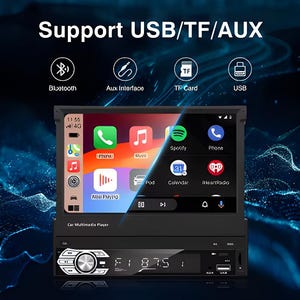 May include: A black car multimedia player with a retractable touchscreen display showing app icons and a digital radio interface. The unit features a central volume knob, USB and AUX ports, and text reading Support USB/TF/AUX, Bluetooth, and Car Multimedia Player.