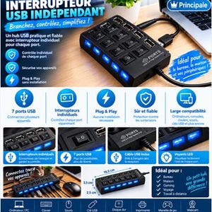 Könnte beinhalten: Ein schwarzer USB-Hub mit sieben einzelnen Anschlüssen, die jeweils mit einem eigenen Schalter und einer blauen LED-Anzeige ausgestattet sind. Das Gerät enthält ein USB-Kabel und trägt die Aufschrift PORTS USB 2.0 High Speed Hub auf der Oberseite.