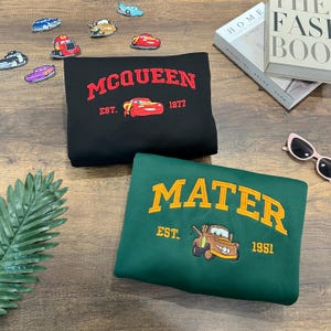 Lightning McQueen Mater Sweatshirt, Disney Cars Embroidered Hoodie, Pixar Movie Pullover, Cute Cartoon Embroidery, Unisex Gift ESH130–138