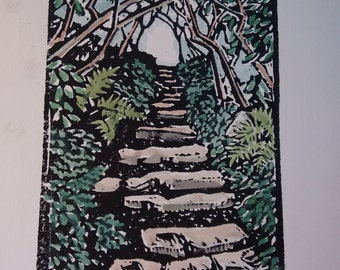 Hand-colored Mountain Path Block Print