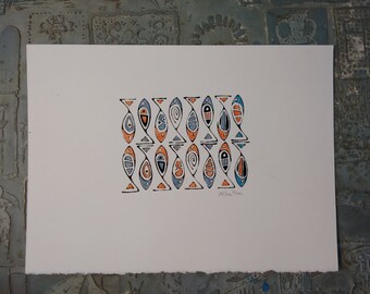 Fish Print hand colored in salmon  or rust and blue