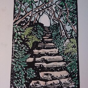 Hand-colored Mountain Path Block Print