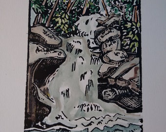 Hand-colored Waterfall Block Print