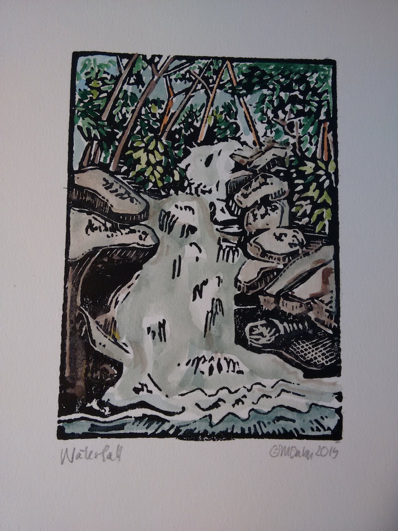 Hand-colored Waterfall Block Print image 1