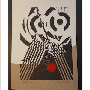 May include: Black and white abstract print with a red circle. The print features geometric shapes and lines. The text "Campdag" and "©K.B. 2014" is visible in the bottom corners.