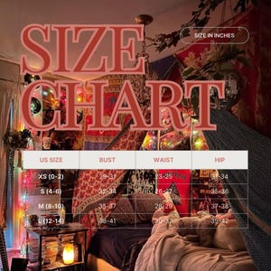 May include: Size chart in inches for clothing with measurements for bust, waist, and hip. The chart shows sizes XS (0-2), S (4-6), M (8-10), and L (12-14) with corresponding measurements in inches.