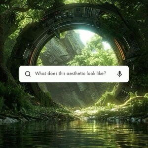 May include: A futuristic metal ring structure surrounded by lush green foliage and a body of water. The ring has a circular opening that reveals a view of a rocky cliff and trees.
