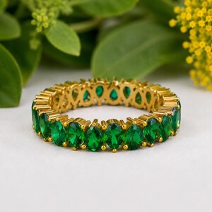 14K Gold Simulated Emerald Eternity Ring - May Birthstone Band