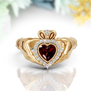 14K Solid Gold Red Garnet Claddagh Engagement Ring Unique Irish Crown Ring Anniversary Ring Garnet Claddagh Wedding Ring Birthstone Ring