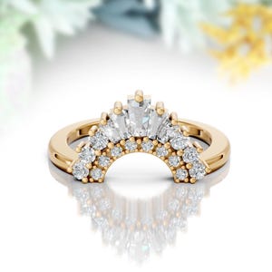 Curved Engagement Ring 14K Gold Curved Matching Band Baguette Moissanite Curved Wedding Band Dainty Curved Stacking Contour Wedding Ring