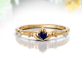 Dainty Sapphire Claddagh Wedding Ring 14K Solid Gold Heart Shape Irish Crown Claddagh Band Ring Holding Hand Jewelry Engagement Ring For Her