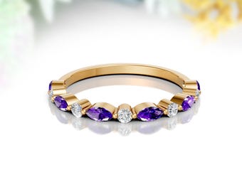 14K Gold Amethyst Eternity Band Ring, Moissanite Stacking Ring