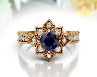 Vintage Round Blue Sapphire Engagement Ring 14K Solid Gold Flower Cluster Bridal Floral Antique September Birthstone Sapphire Wedding Ring