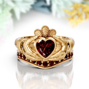14K Solid Gold Red Garnet Claddagh Engagement Ring Set Unique Irish Crown Ring Anniversary Ring Garnet Claddagh Wedding Ring Birthstone Ring