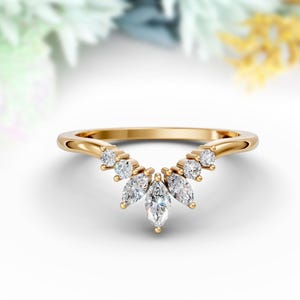Moissanite Curved Engagement Ring 14K Gold Curved Matching Band Moissanite Curved Wedding Band Dainty Curved Stacking Contour Wedding Ring