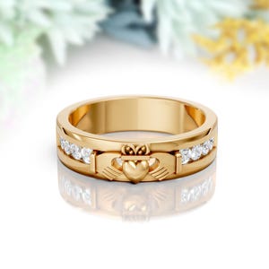 14K Gold Claddagh Ring, Moissanite Irish Wedding Band