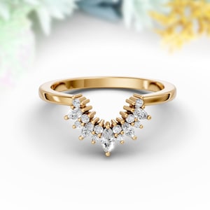 Moissanite Curved Engagement Ring 14K Gold Curved Matching Band Moissanite Curved Wedding Band Dainty Curved Stacking Contour Wedding Ring