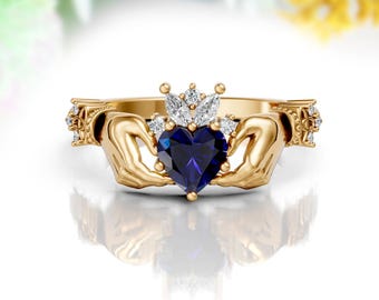 Unique Heart Blue Sapphire Claddagh Ring 14K Solid Gold Celtic Knot Irish Crown Ring Anniversary Love Ring Claddagh Wedding Ring For Her